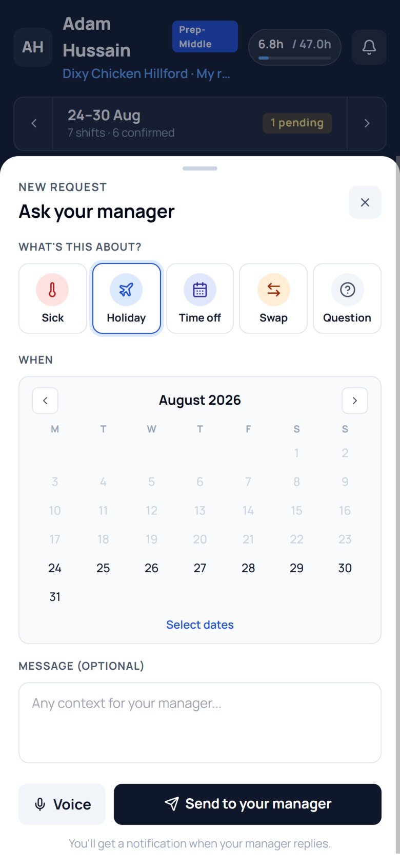 The request screen in the staff app, offering Sick, Holiday, Time off, Swap and Question.