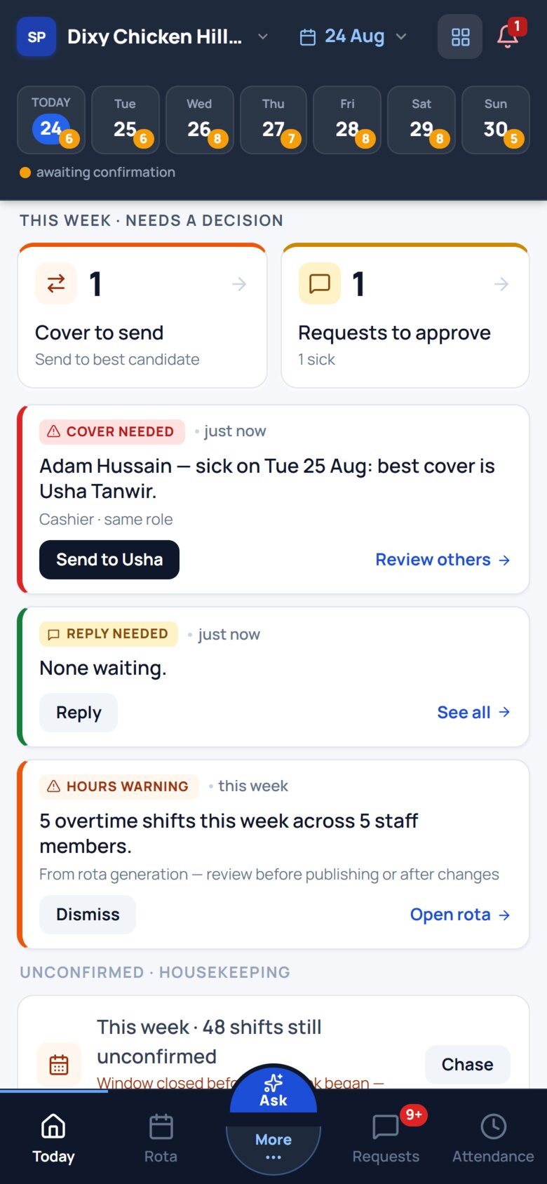 A Cover needed card reading &ldquo;Adam Hussain &mdash; sick on Tue 25 Aug: best cover is Usha Tanwir&rdquo;, with a Send to Usha button.