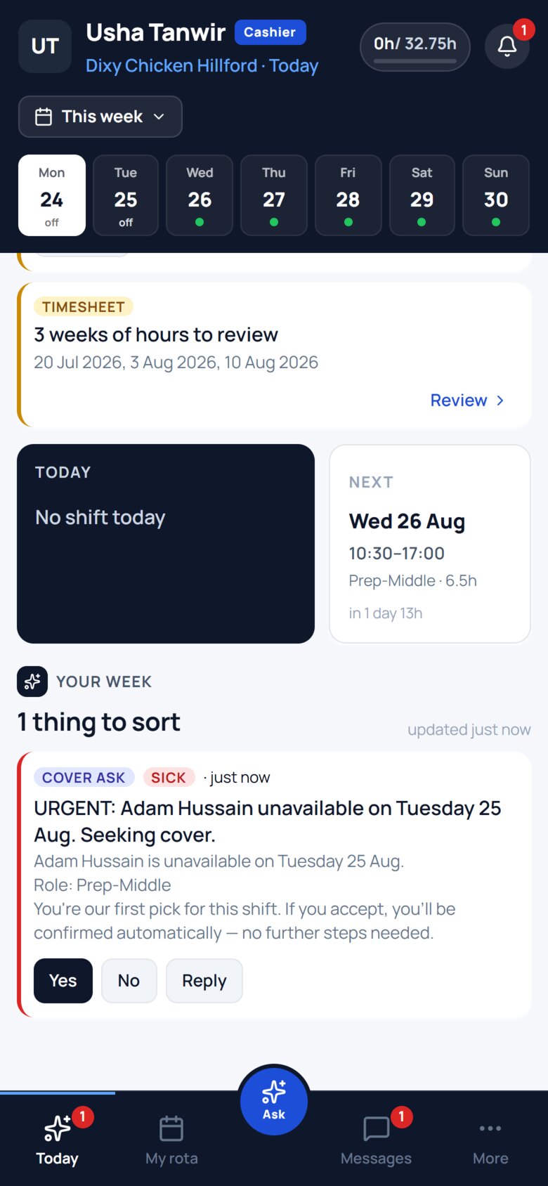 Usha&rsquo;s phone showing the cover ask for Tuesday 25 August with Yes, No and Reply buttons.