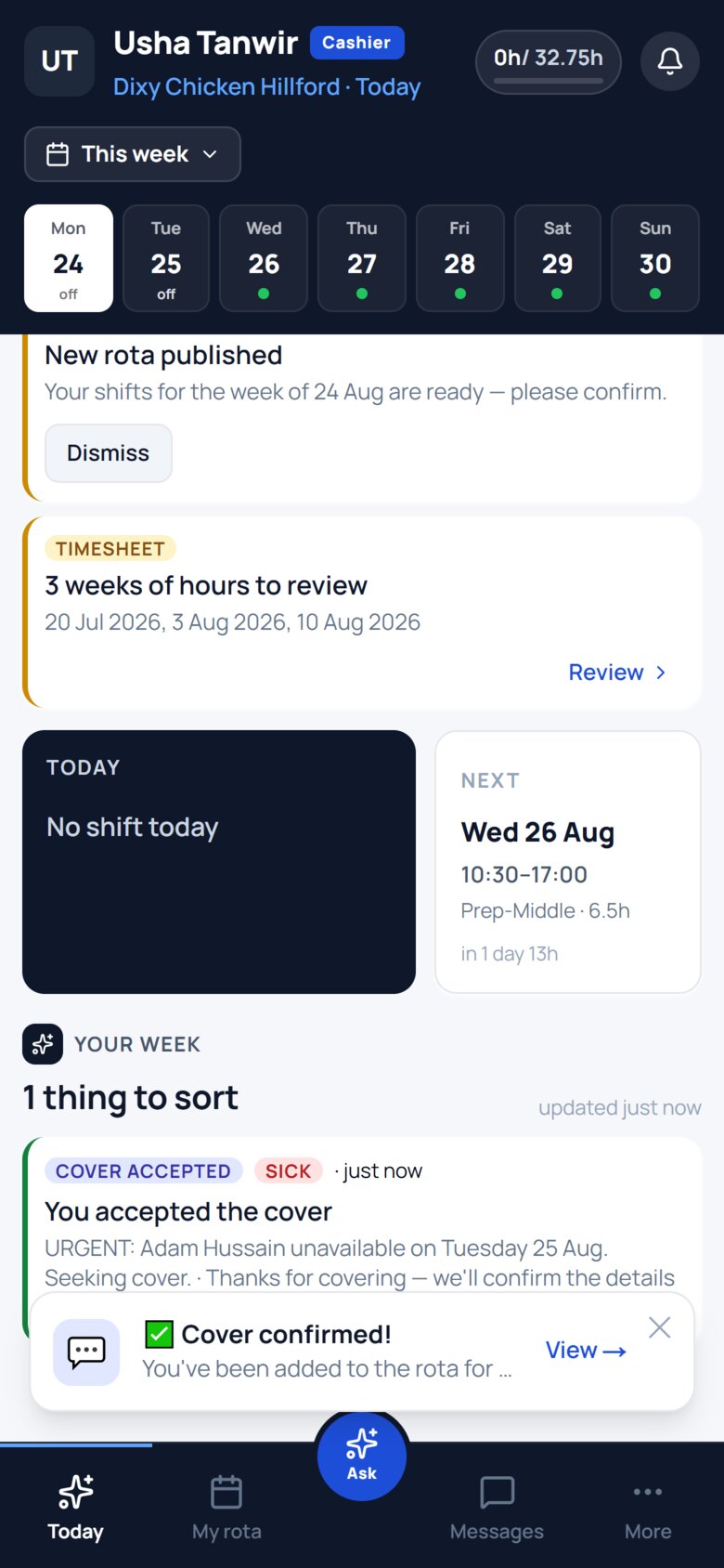 Usha&rsquo;s phone confirming she accepted the cover, with a notification that she has been added to the rota.