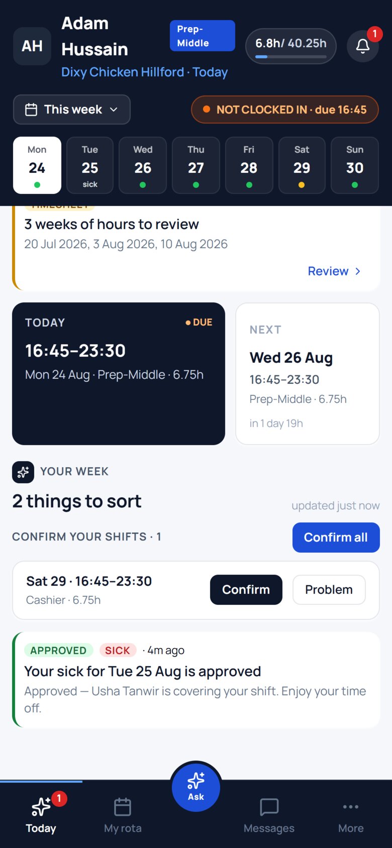 Adam&rsquo;s phone showing his sick day approved, with a note that Usha Tanwir is covering his shift.
