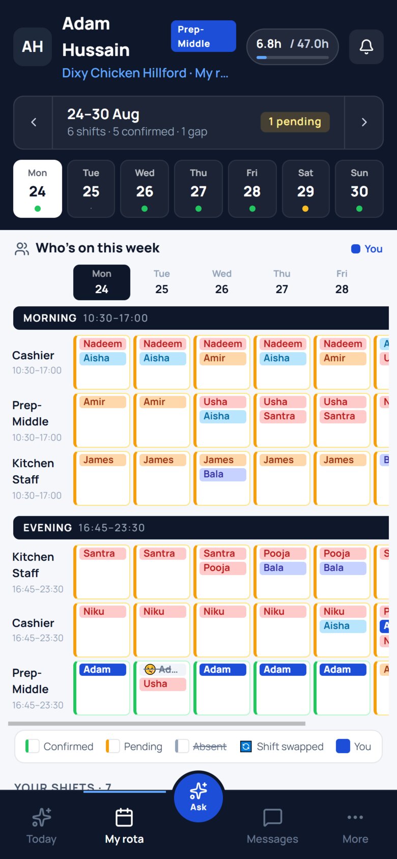 The team rota for the week with Adam struck through on Tuesday evening and Usha shown in his place.