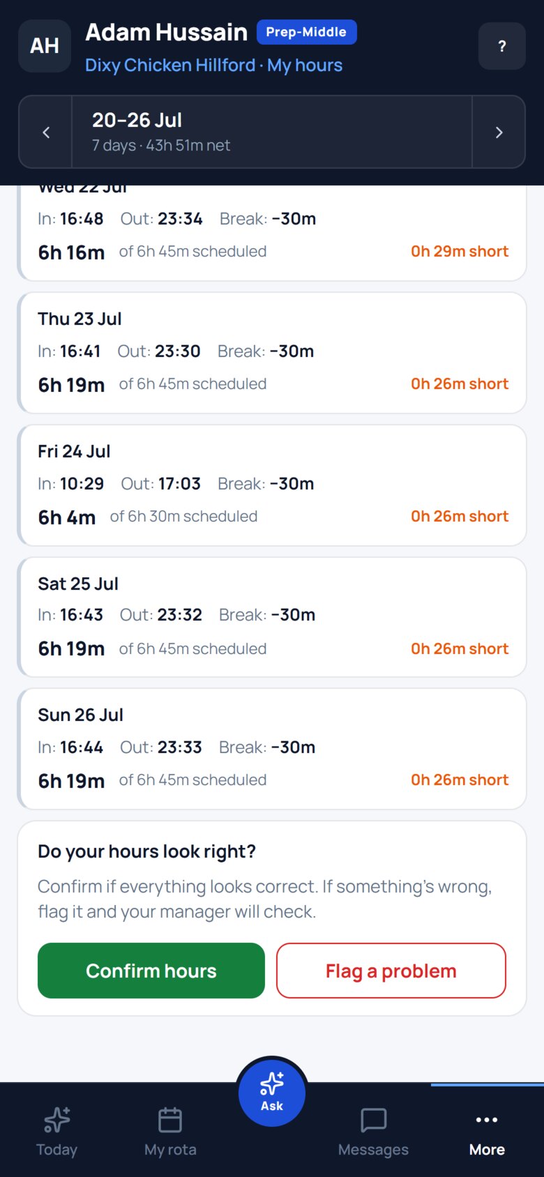 The end of Adam&rsquo;s week: &ldquo;Do your hours look right?&rdquo;, with a green Confirm hours button and a red Flag a problem button.