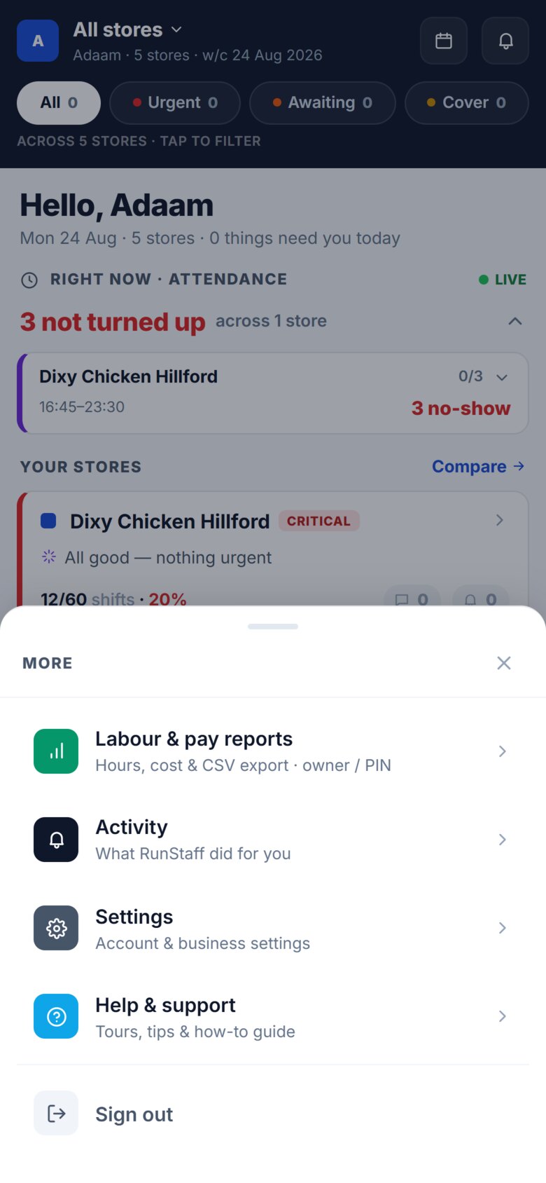 The owner&rsquo;s More menu across five stores, with the first row reading &ldquo;Labour & pay reports &mdash; hours, cost & CSV export &middot; owner / PIN&rdquo;.