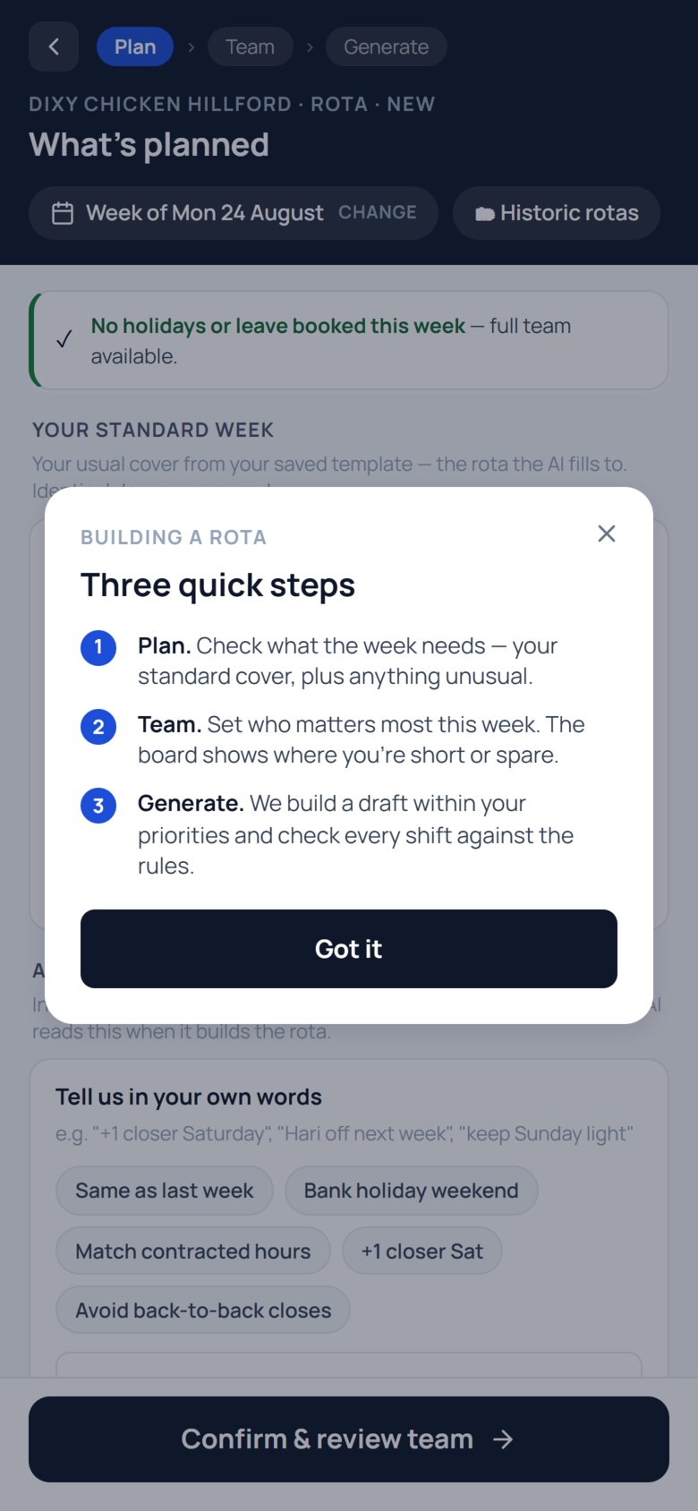 Building a rota in three quick steps: Plan what the week needs, Team to set who matters most, Generate a draft checked against the rules.