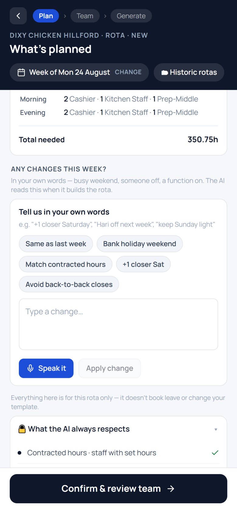 The Plan step scrolled to Any changes this week, with suggestion chips and a box to type or speak a change.