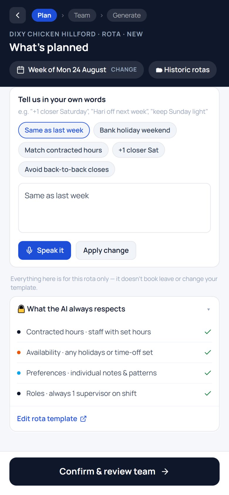 Same as last week applied, above the four things the AI always respects: contracted hours, availability, preferences and roles.