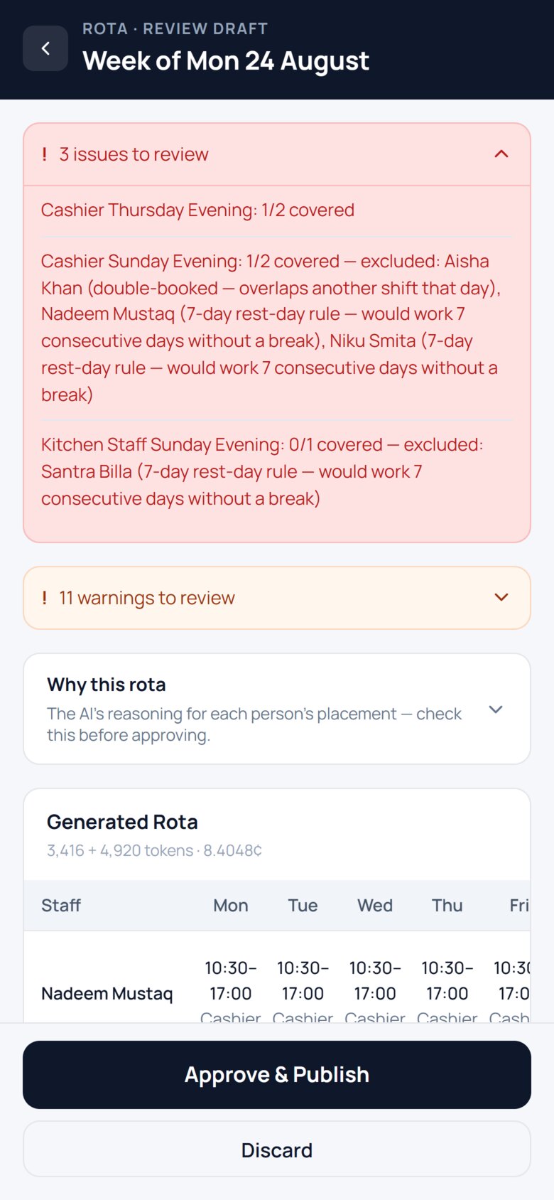 The review draft: three issues and eleven warnings, each written in plain English, above the generated rota.