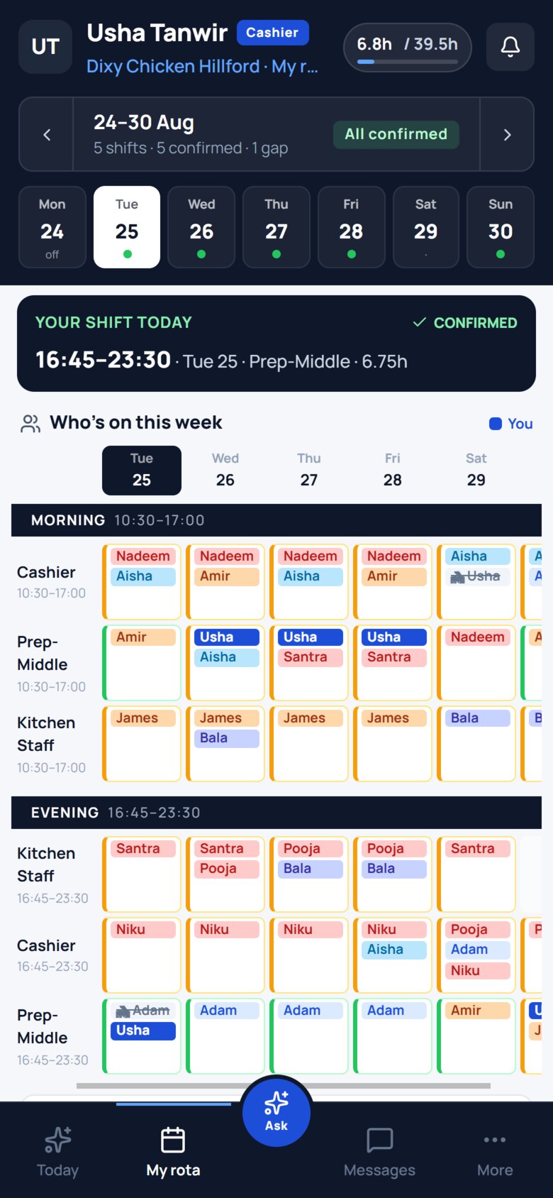 Usha&rsquo;s own rota for 24&ndash;30 Aug: her confirmed shift today, then a Who&rsquo;s on this week grid of the whole team, with her own name picked out in blue. Tuesday evening shows Adam struck through and Usha in his place.