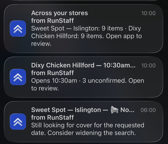 Three RunStaff summaries waiting together: across your stores, today's opening, and a cover search still running.