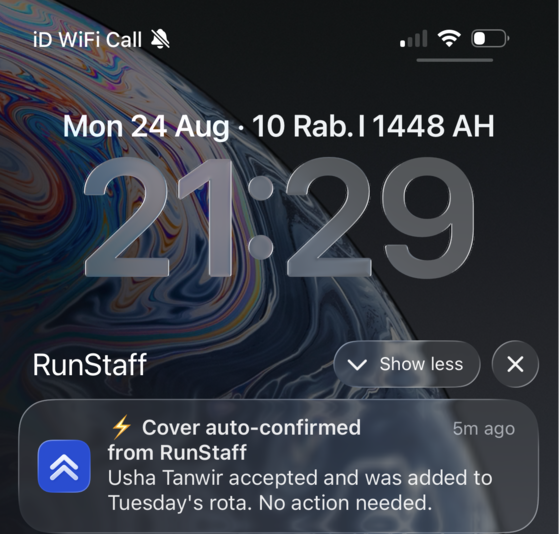 A cover request and a sick-cover alert on the lock screen, actionable without opening the app.
