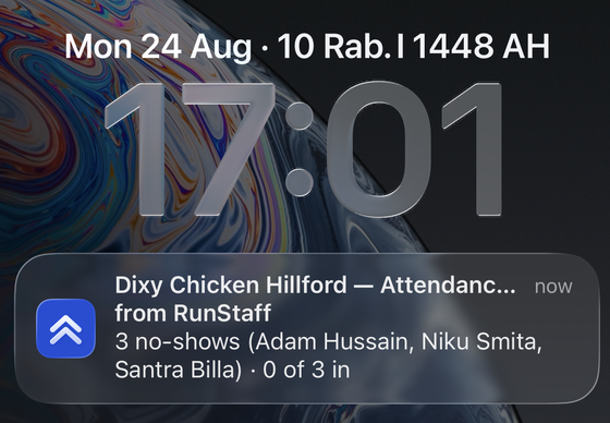 The attendance summary landing on the lock screen: three no-shows, none of three in.