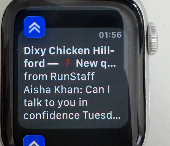The same question on a watch face: Aisha Khan asking to talk in confidence Tuesday.