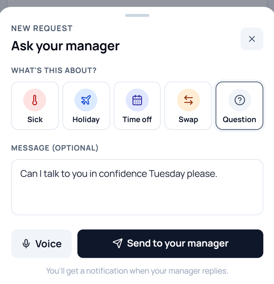 A staff member raising a question, with Voice beside Send to your manager.