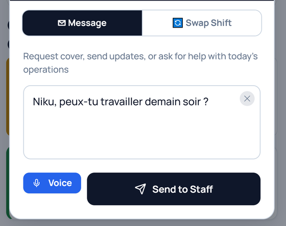 A manager's question typed in French, with Voice beside Send to Staff.