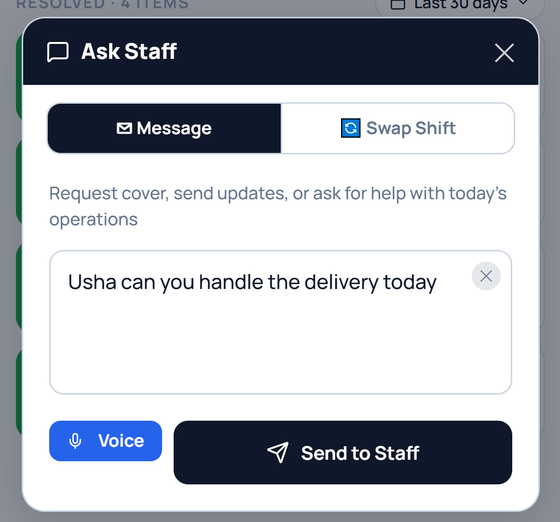 The manager asking the team a question in plain English, with Voice alongside Send.