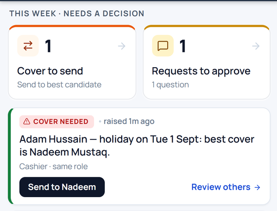The same request on the manager's side, waiting for a decision.