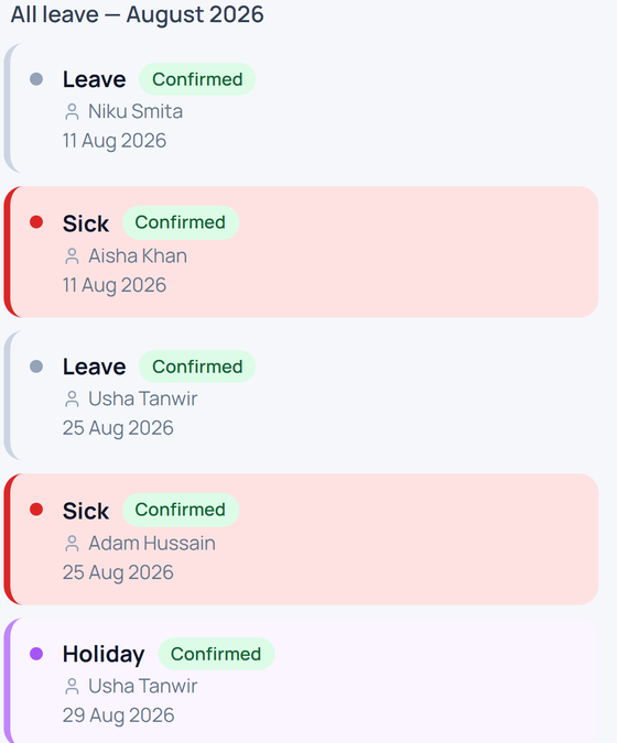 Every confirmed leave item for the month in one list.