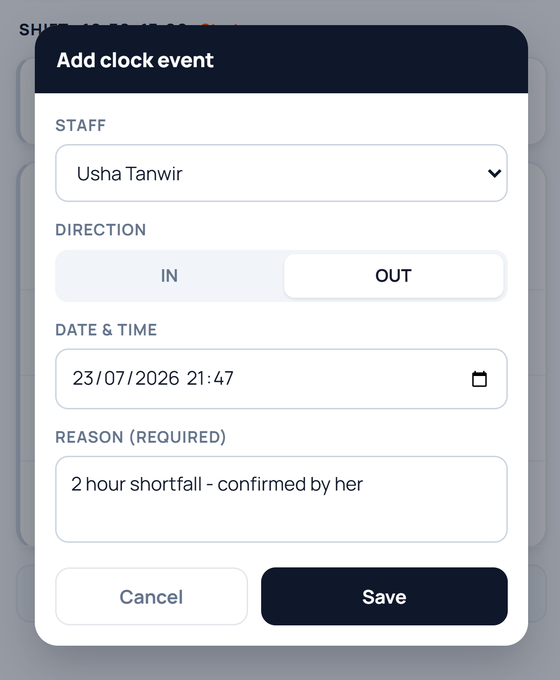 The manager adding the missing clock event, with the reason recorded against it.
