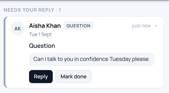 The one request still needing a reply, with Reply and Mark done.