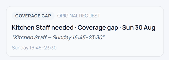 The gap stated plainly: kitchen staff needed, Sunday 30 August.