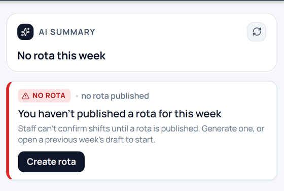 The reminder that no rota is published for the week, with Create rota.