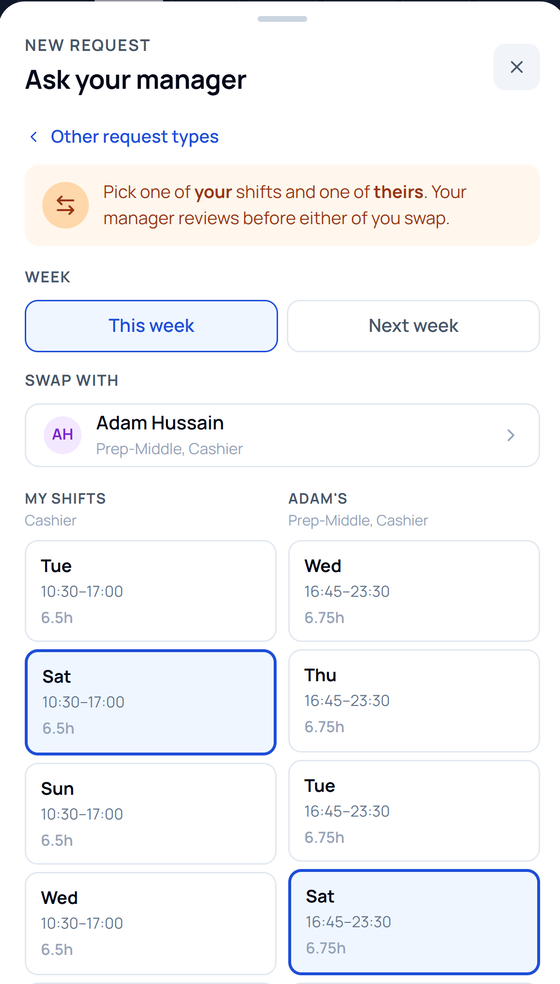 Picking your shift and a colleague's to swap it with.